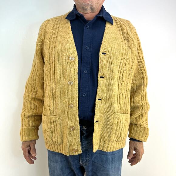 Vintage Alan Paine Shetland Wool Cable Knit Cardigan Camel Tan Winter - Picture 8 of 8